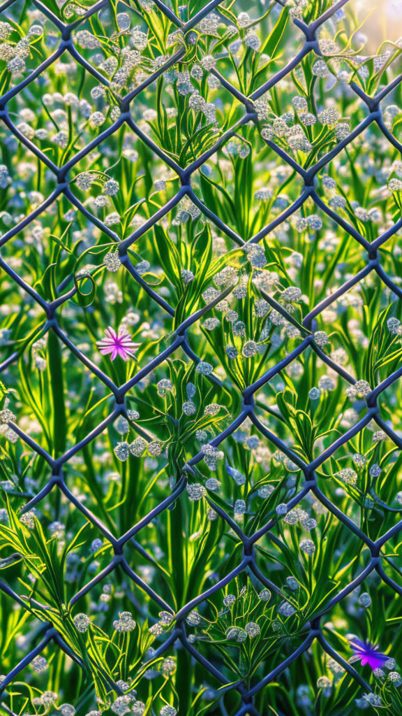 Lush green plants and white flowers behind chain-link fence under sunlight