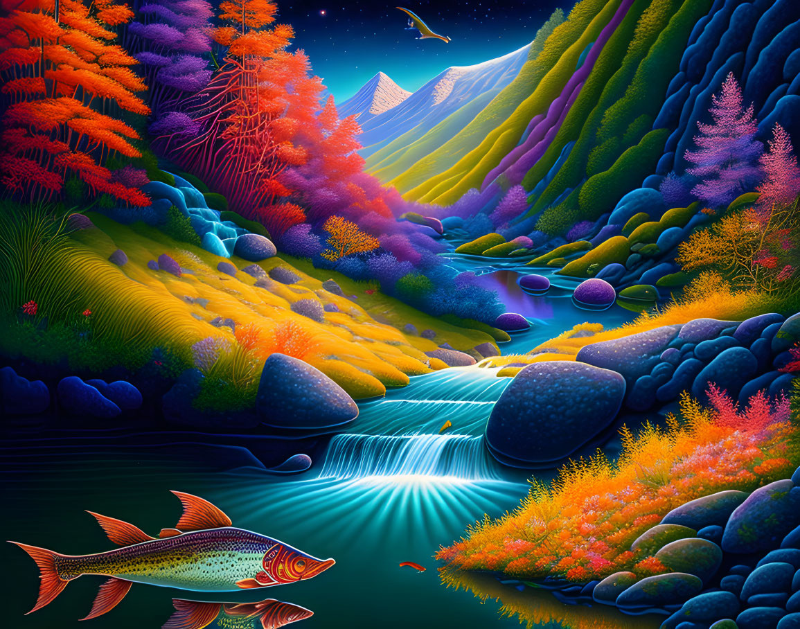 Colorful digital artwork: Fantastical nature scene with river, hills, fish, flora, star