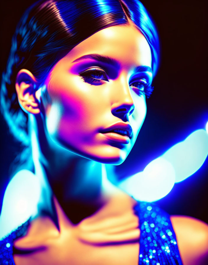 Portrait of woman with striking makeup under vibrant neon lights