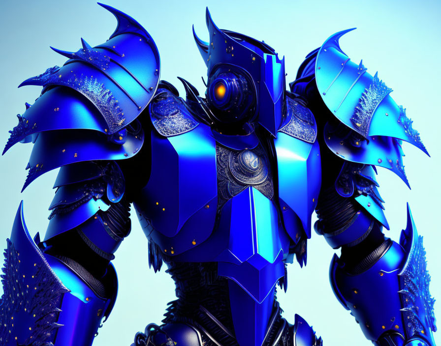 Detailed 3D-rendered knight in blue armor on blue background