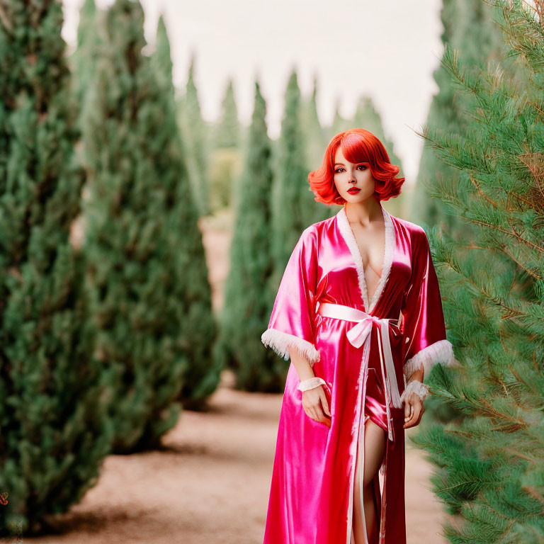 Red-haired person in pink robe on pathway with green shrubbery