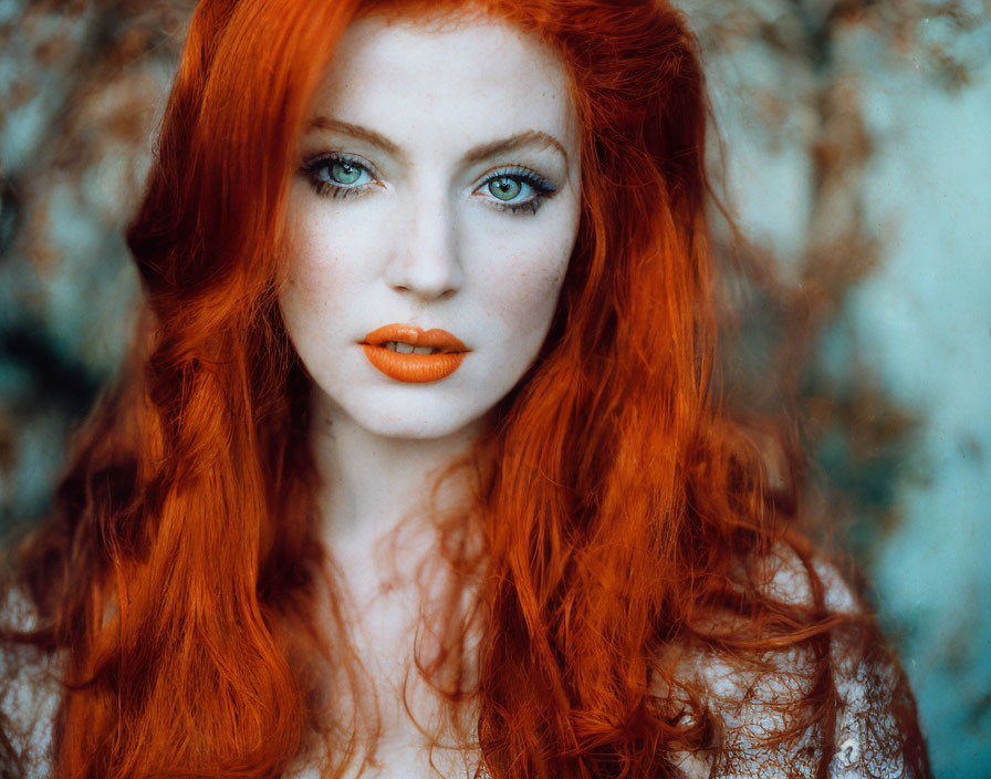 Woman with vibrant red hair and blue eyes, orange lipstick, intense gaze, blurred blue-brown background