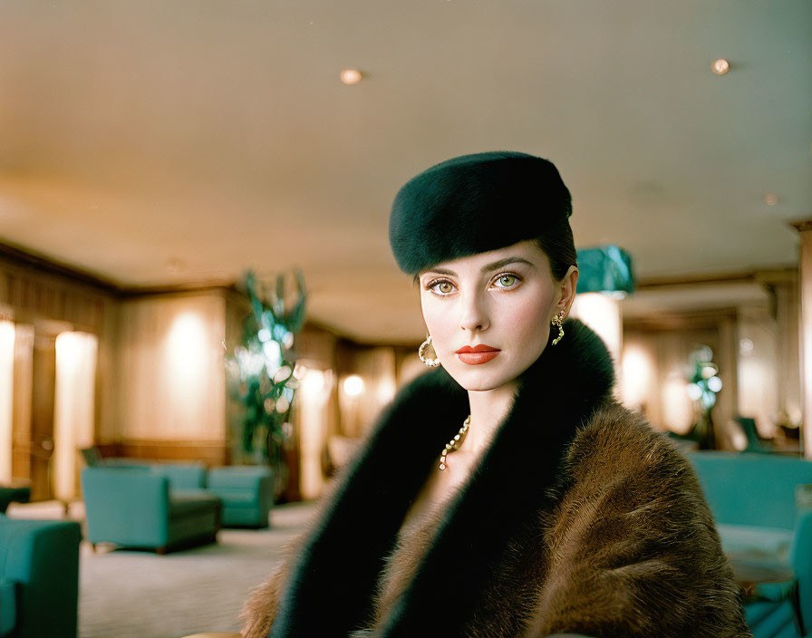 Person in Green Hat and Fur Stole in Luxurious Room with Teal Armchairs