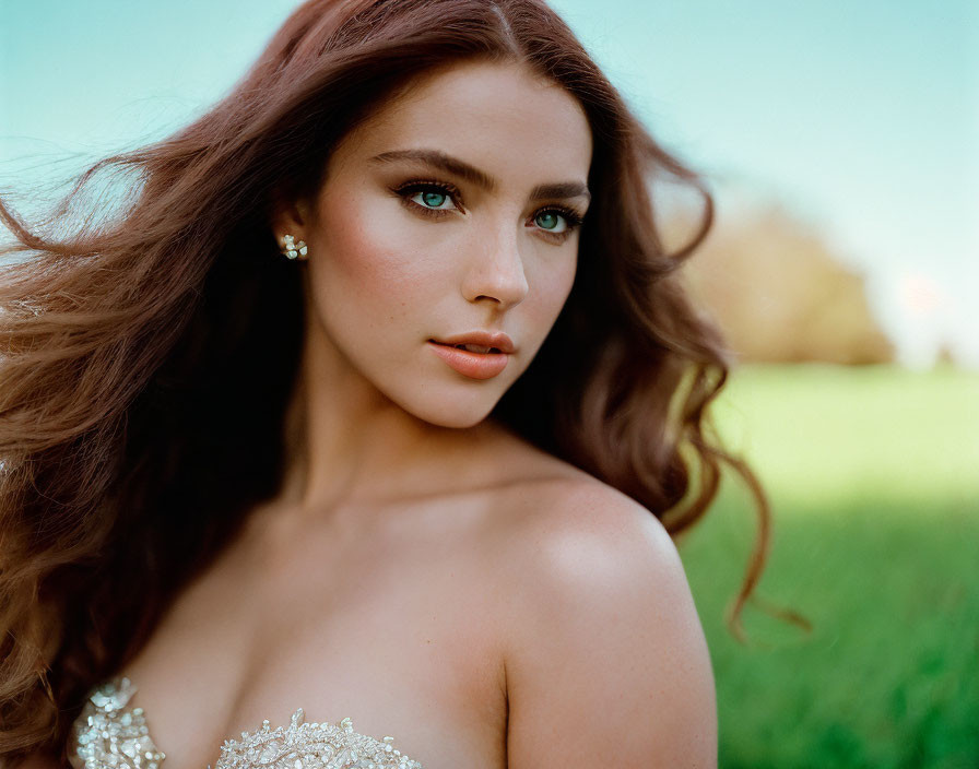 Brown-haired woman in strapless dress poses in field with blue eyes and soft background