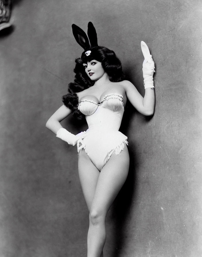 Vintage black and white photo of a woman in bunny costume with raised hand