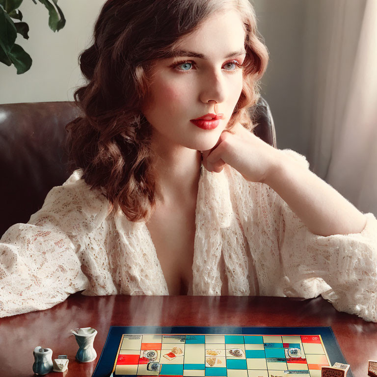 Curly-Haired Woman with Red Lipstick Contemplating Vintage Board Game