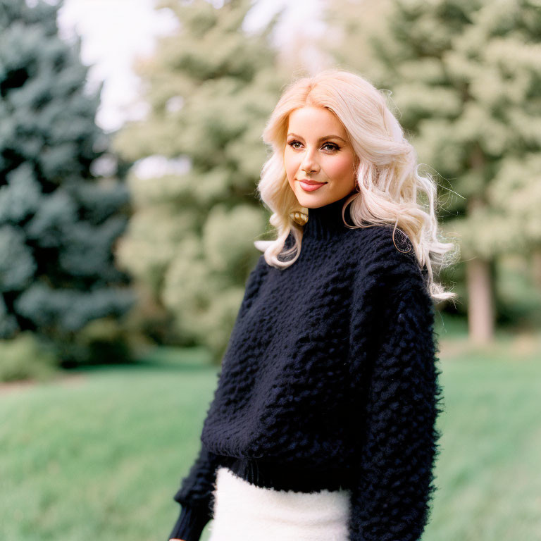 Blonde woman in black sweater smiling in park with green trees