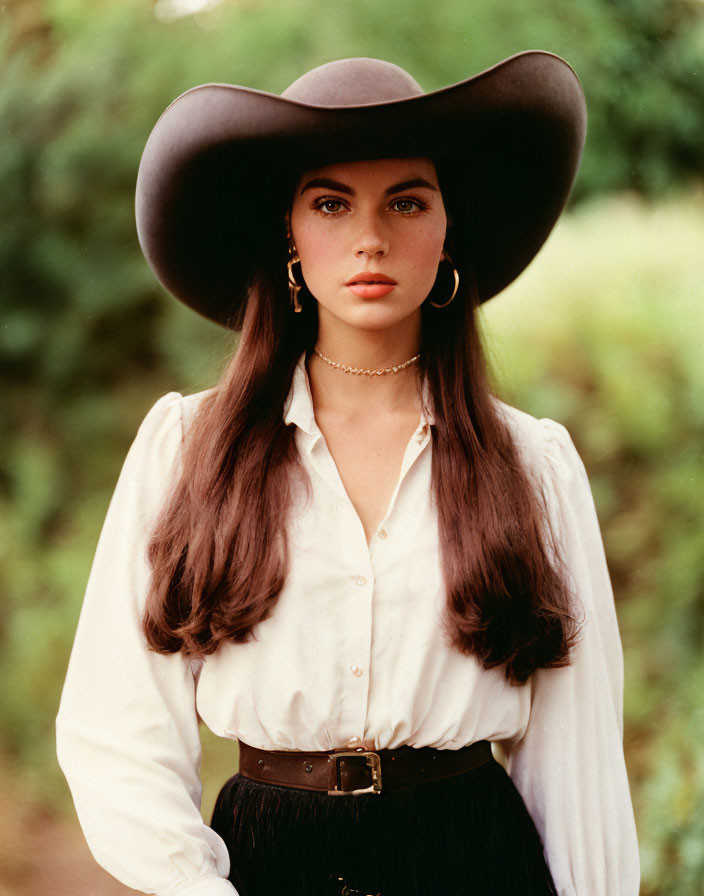 Woman in wide-brimmed hat with long brown hair and white shirt in greenery.