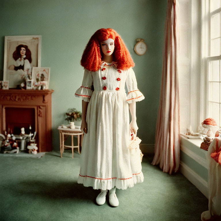 Red-haired doll in white and red dress in vintage room with fireplace and dolls.