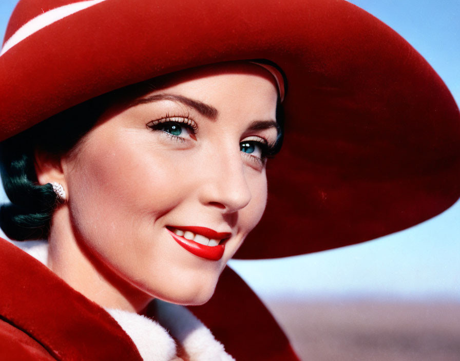 Portrait of Woman in Red Hat and White Fur Collar Smiling against Blue Sky