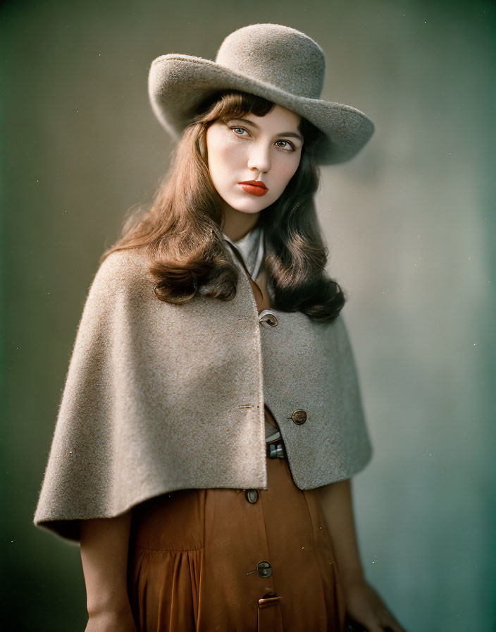 Elegant woman in red lipstick and grey vintage attire on soft background