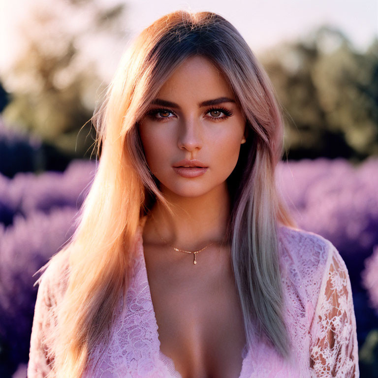 Blonde woman in lace top amid purple flowers at sunset