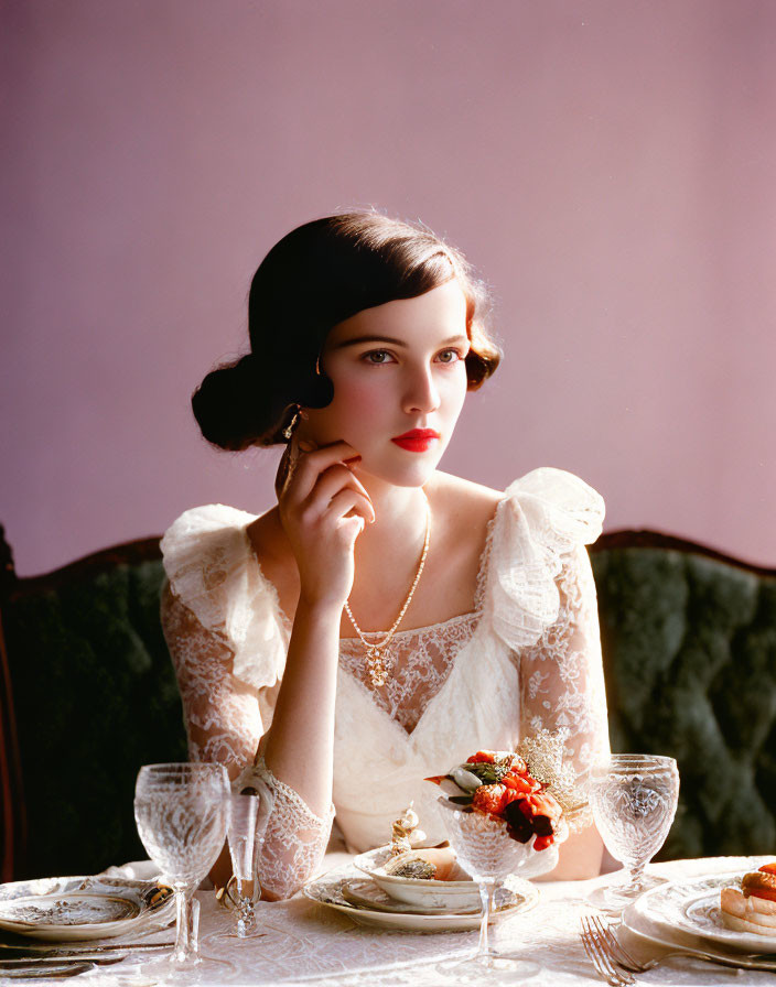 Vintage attired woman at elegant table setting, gazing thoughtfully