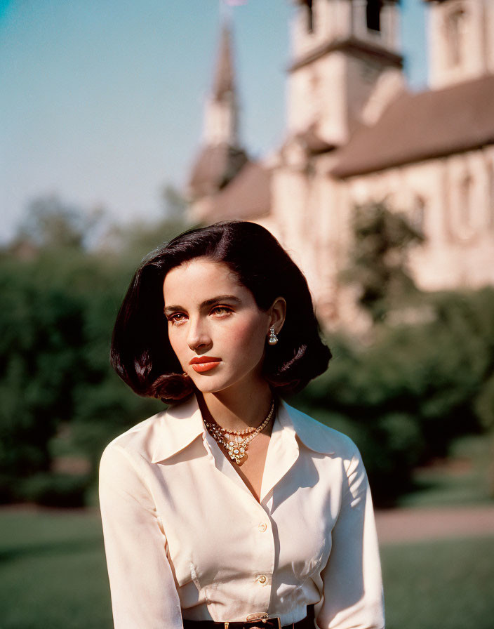 Dark-haired woman in white blouse and red lipstick near church