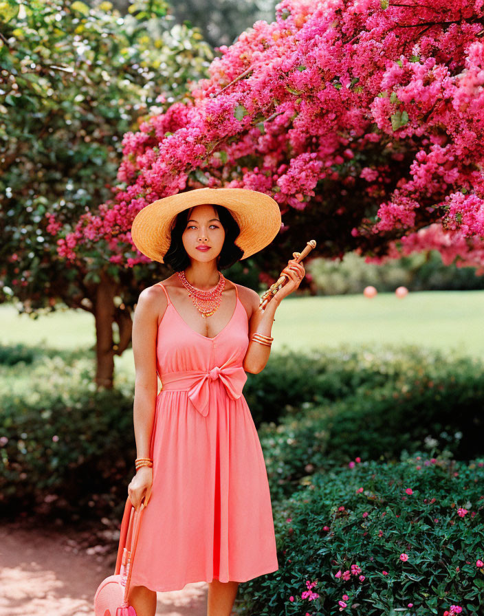 Woman in coral dress and wide-brimmed hat with flute among pink flowers