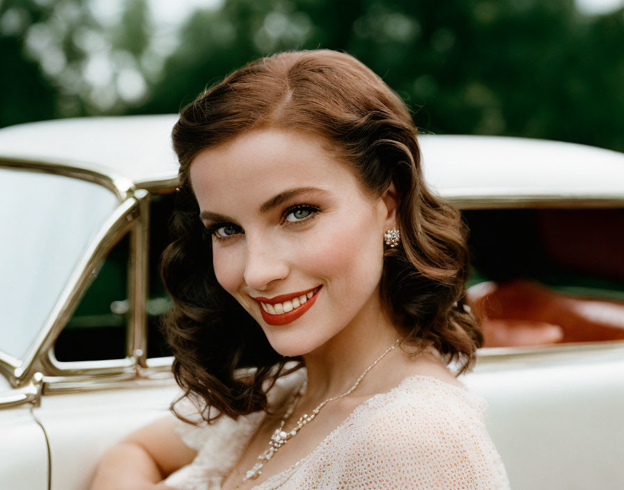 Smiling woman with vintage style by classic car in retro 1950s setting