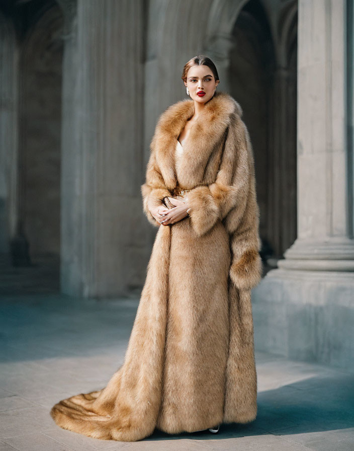 Elegant woman in luxurious fur coat in grand hall