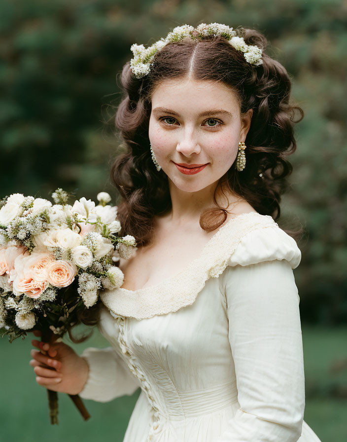 Woman in Vintage White Dress Smiling with Flower Bouquet