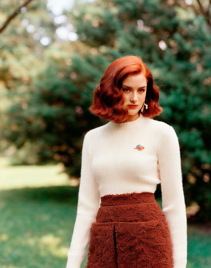 Auburn-Haired Woman in White Turtleneck and Brown Skirt Outdoors