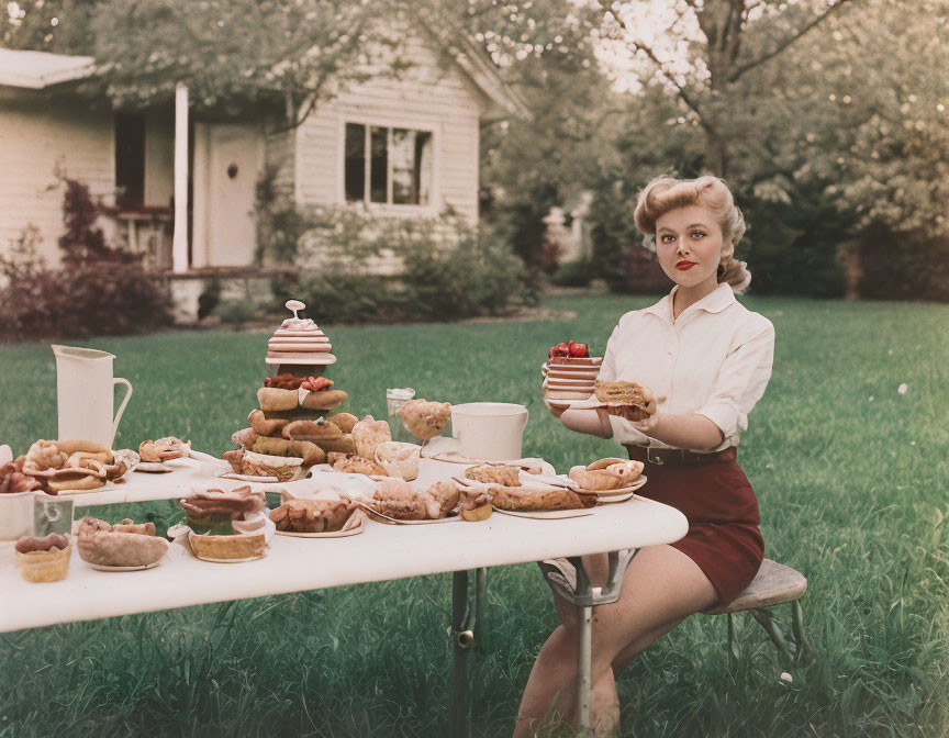 Vintage Outfit Woman Serving Pastries Outdoors with Suburban House