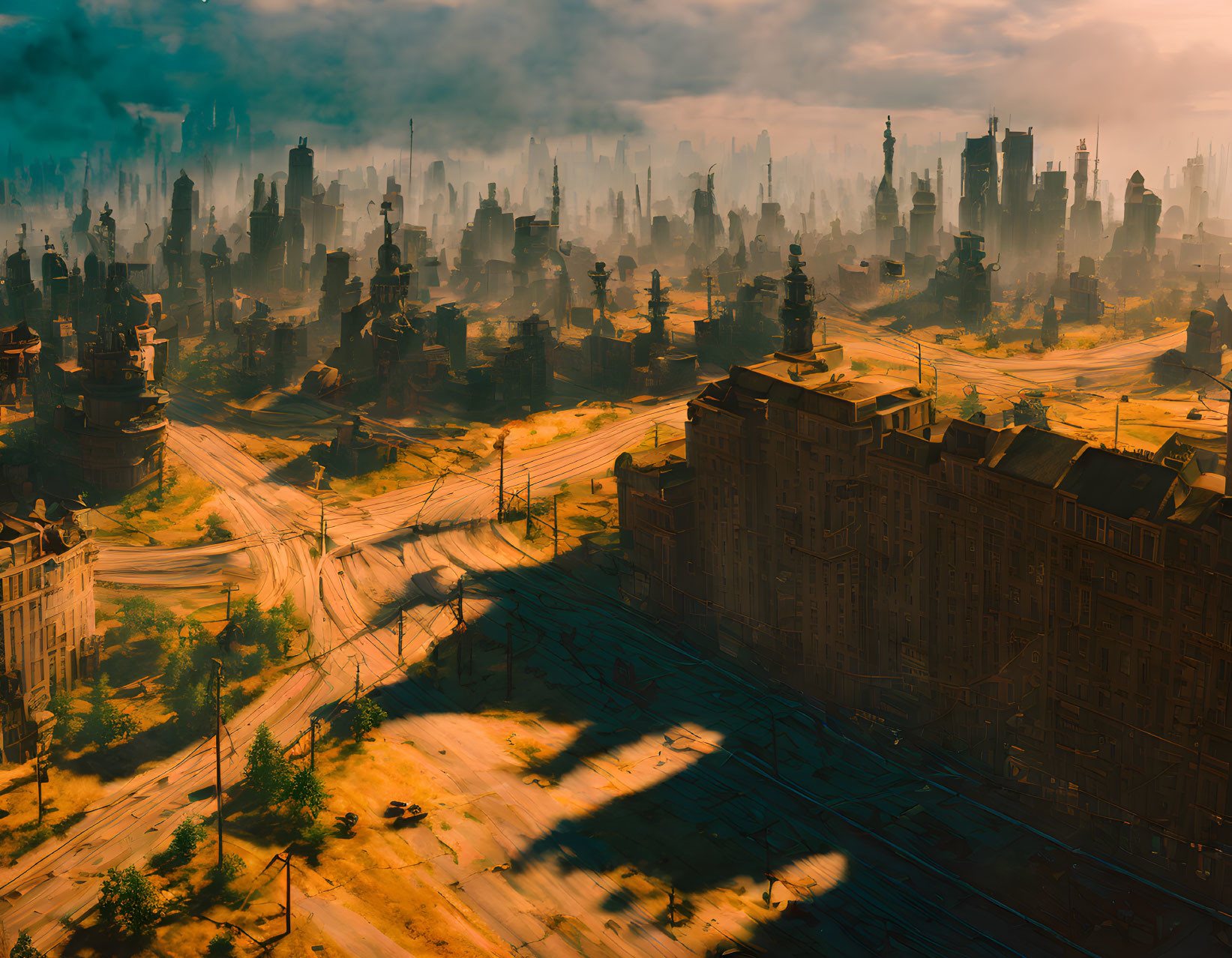 Dystopian cityscape with smog-covered buildings and desolate streets