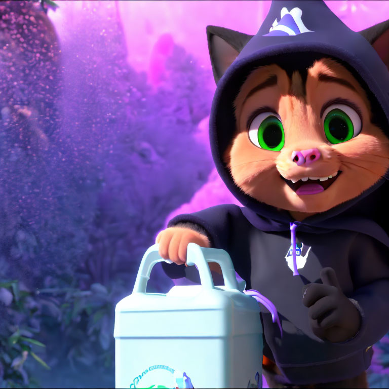 Animated Cat Character in Hoodie Carrying Lunchbox in Purple Setting