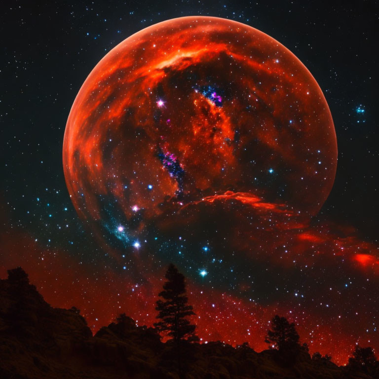 Large Red Moon Over Silhouetted Trees in Starry Night Sky