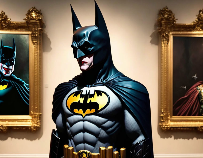 Detailed Batman costume in art gallery with Batman paintings