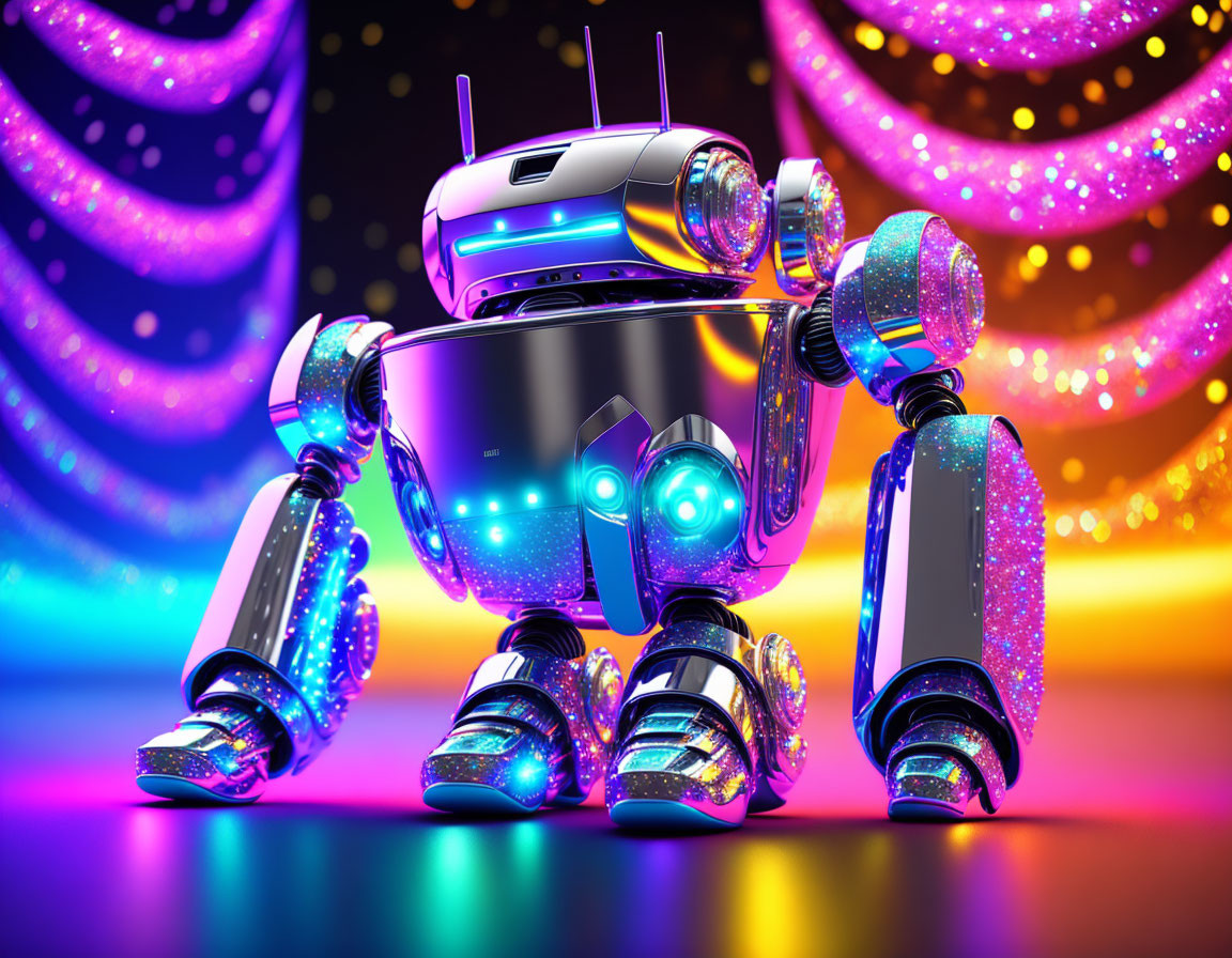 Futuristic 3D robot with glowing lights and colorful swirls