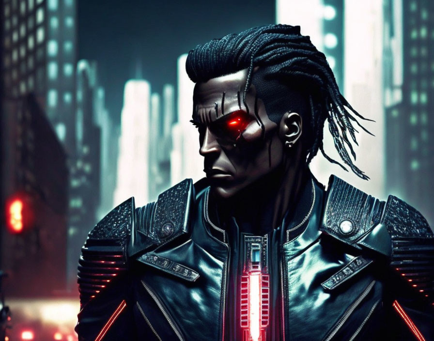 Futuristic cyberpunk character with red robotic eye and mohawk