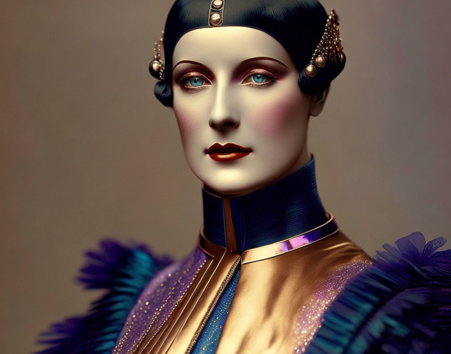 Stylized vintage futuristic woman with blue feather collar and bold makeup