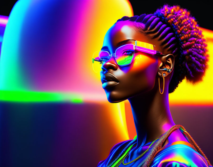 Colorful digital artwork of African woman with glasses and earrings on neon background