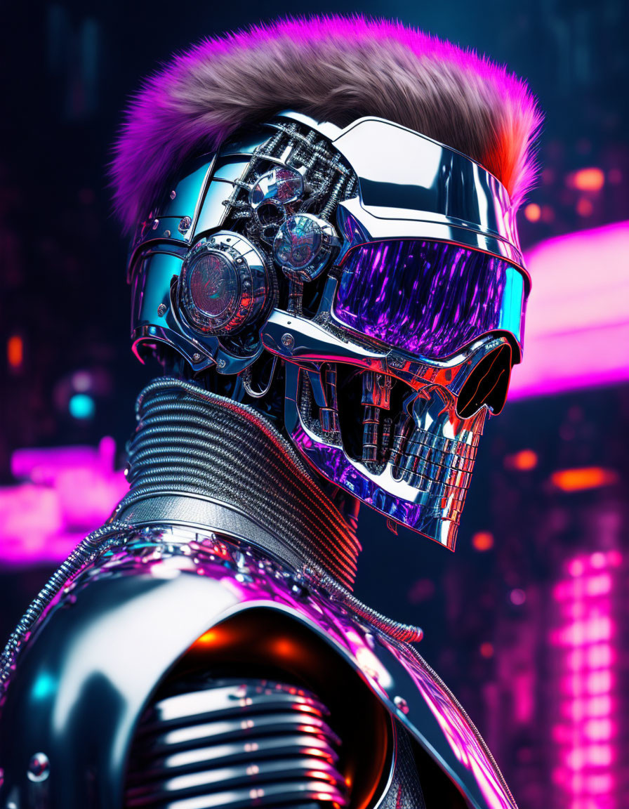 Detailed futuristic robotic head with pink and white mohawk in cyberpunk setting