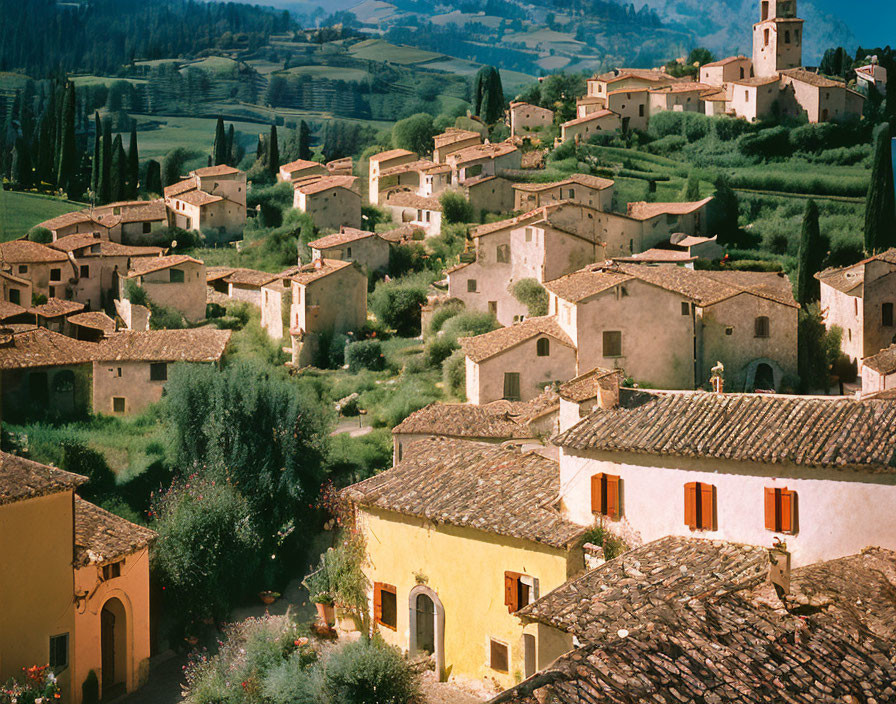 Picturesque Village with Terracotta-Roofed Houses in Green Hills