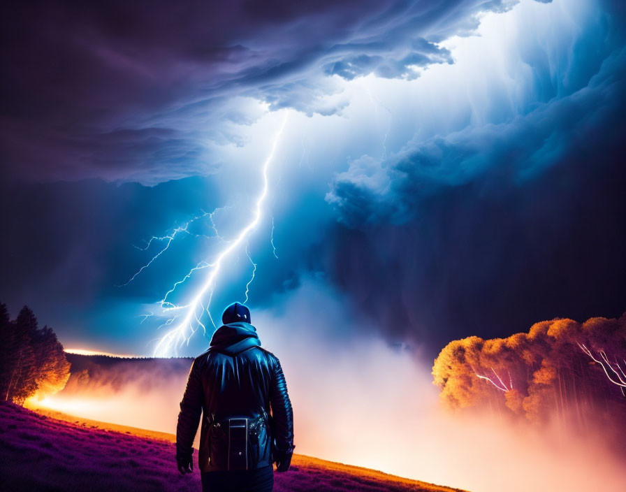 Person in jacket with backpack under dramatic lightning strike in stormy sky.