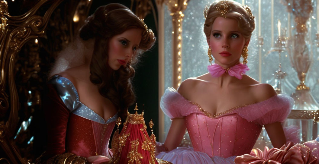 Two Women Dressed as Fairytale Princesses in Ornate Room