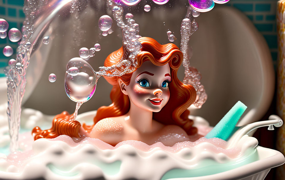 Animated Red-Haired Woman Smiling in Foamy Bathtub