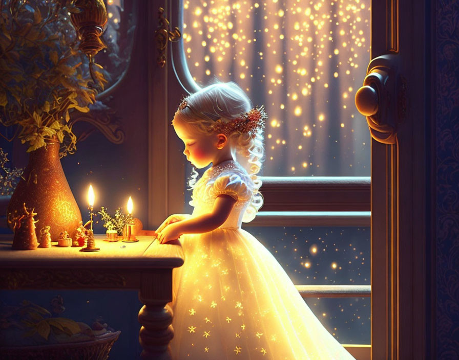 Young girl in fancy dress gazes at lit candle with starry backdrop