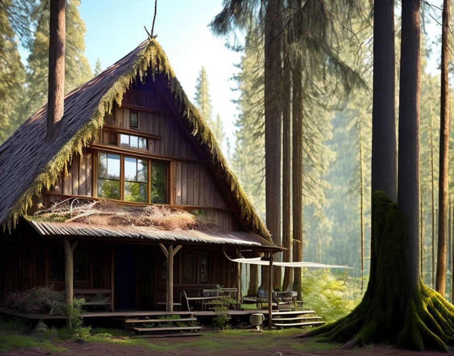 Thatched Roof Cabin Surrounded by Forest and Sunlit Glade