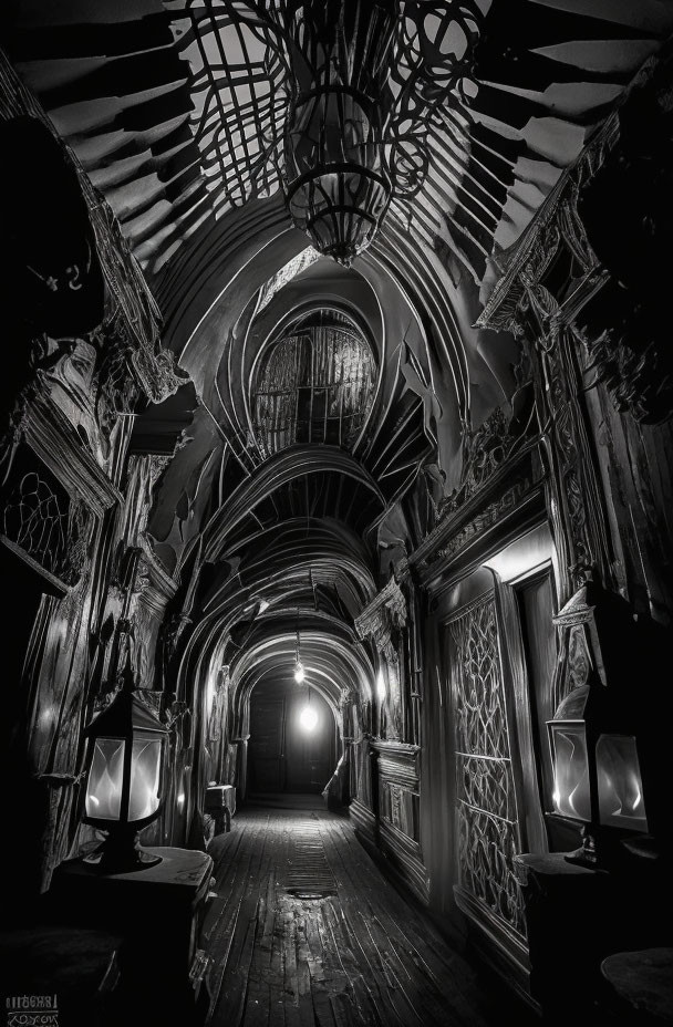 Monochrome Gothic hallway with arched ceilings, wooden doors, sconces, and skeletal figure