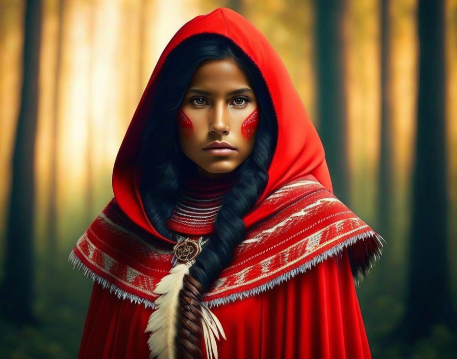 Woman in red cloak with tribal face paint in forest