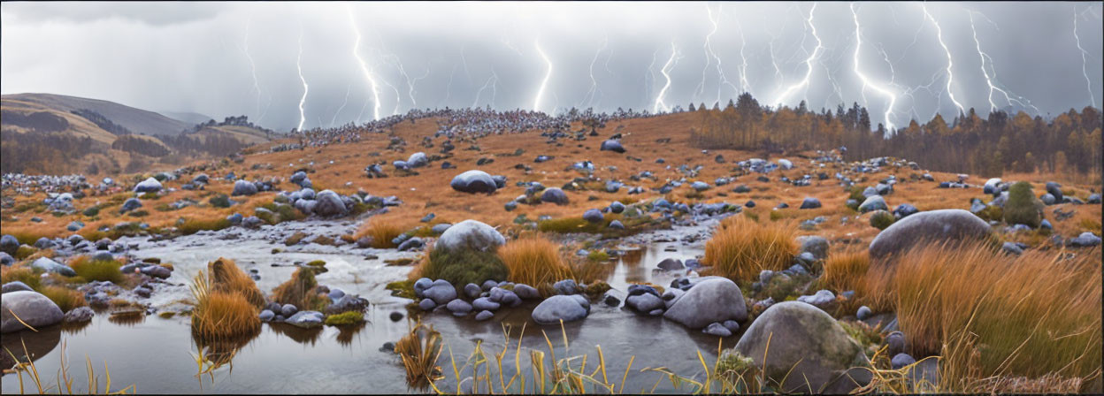 Rocky stream and grassy banks under stormy sky with lightning strikes