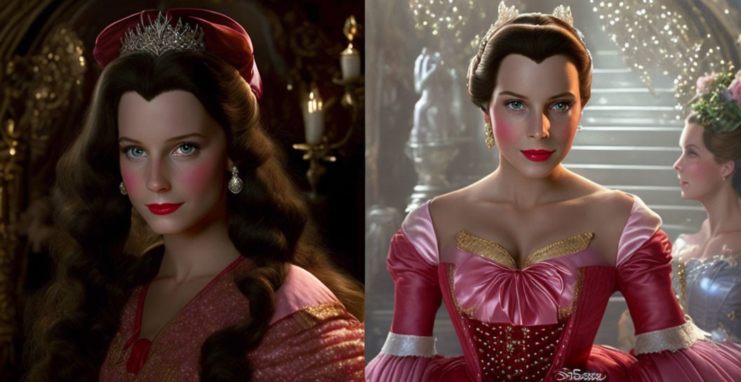 Split 3D animation: woman in red dress & tiara in fairy-tale vs. realistic