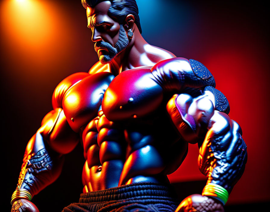 Muscular animated figure in close-up with red and blue lighting