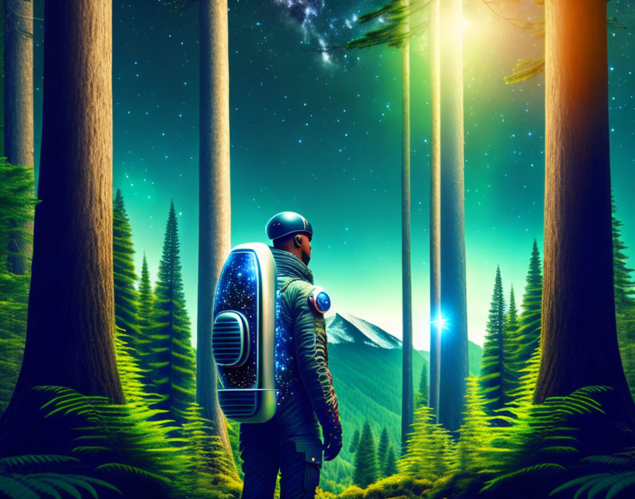 Astronaut with futuristic backpack in lush forest under aurora-filled night sky