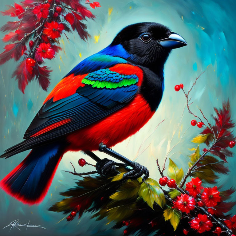 Colorful bird painting with black head, blue and red feathers, on branch with berries.