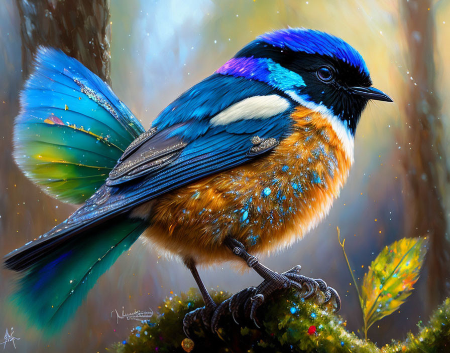 Colorful bird with blue, black, and orange feathers on branch in forest setting