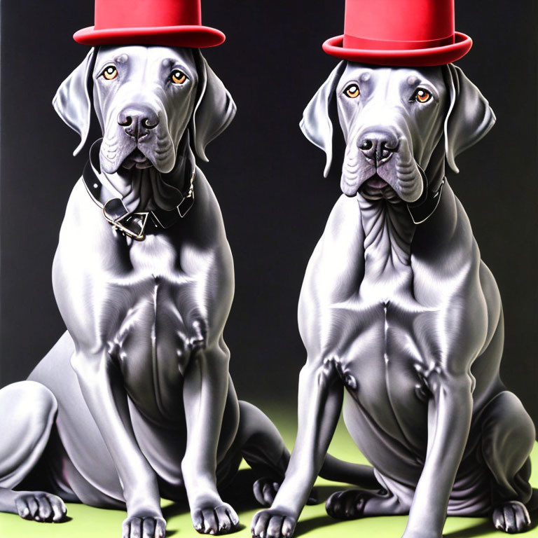 Two gray dogs in red top hats against dark background