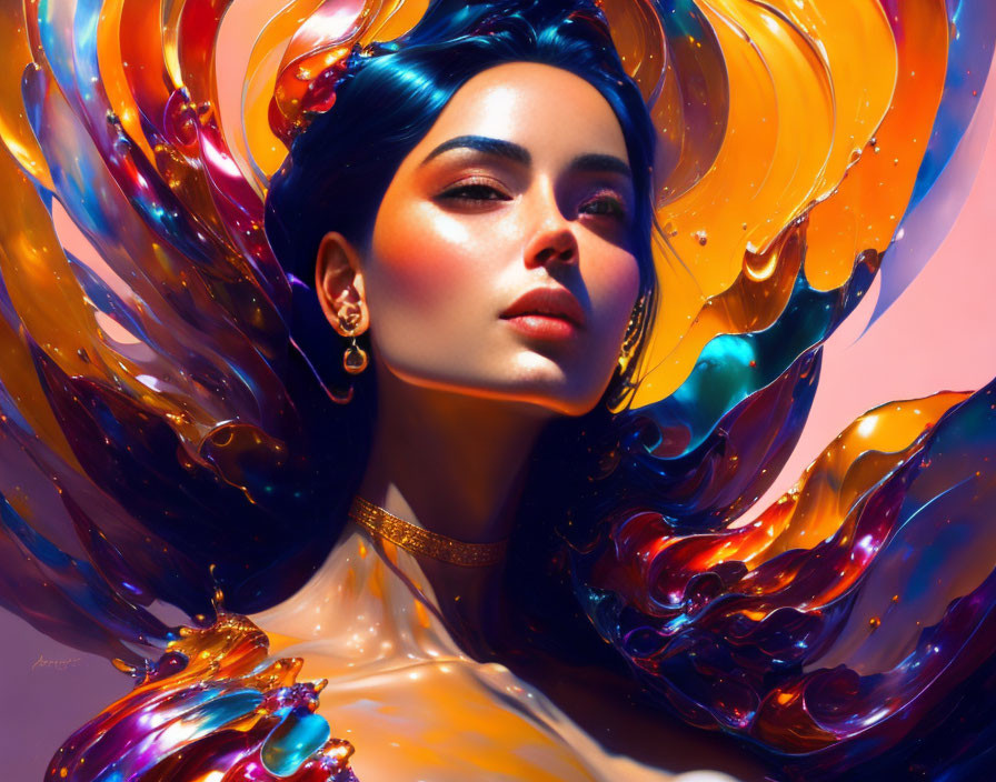 Dark-haired woman in radiant skin against vibrant swirling backdrop of gold, orange, and blue hues.