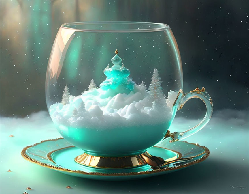 Miniature Christmas tree in teacup on snow backdrop